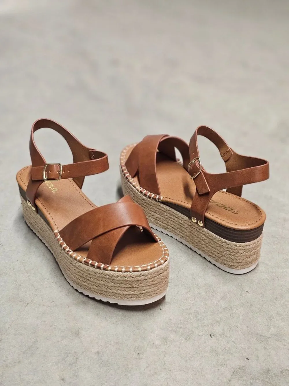Tan Platform Espadrille Sandals With Buckle Strap Crisscross Upper & White Sole